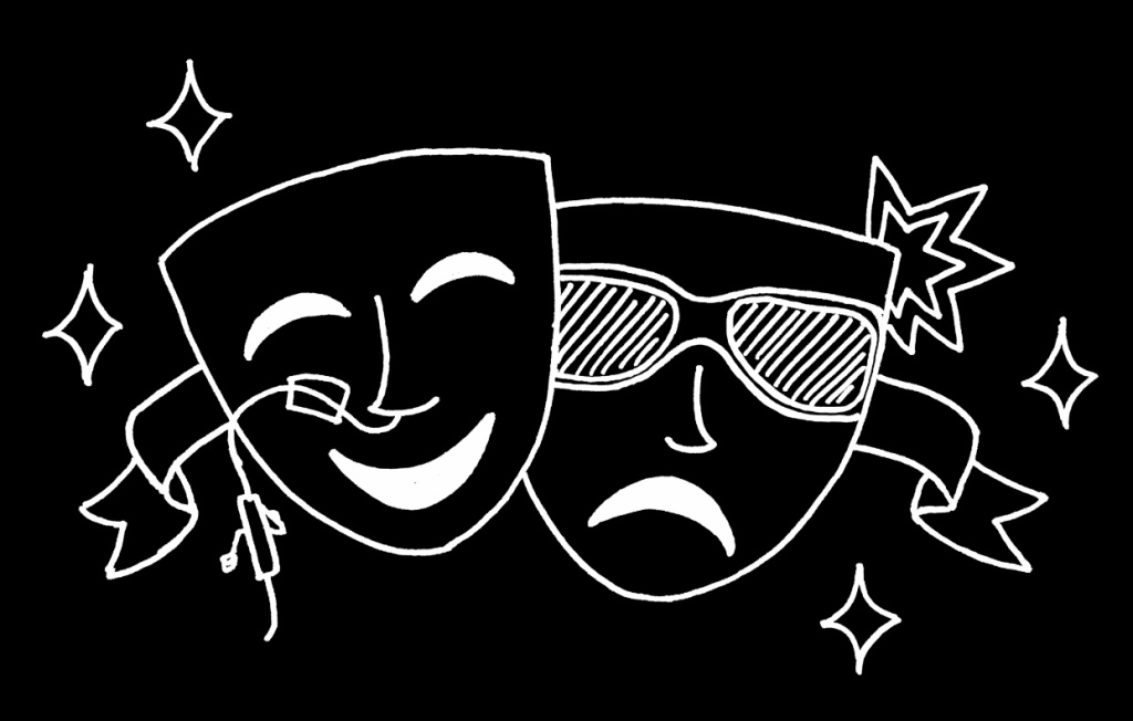 Black backgroud with white line sketch of the comedy tragedy masks. The comedy mask has a feeding tube and the tragedy mask is wearing sunglasses and having a migraine. There is a ribbon behind them and sparkles to the side.